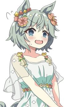 1girl @_@ animal_ears blue_eyes blush collarbone dress flower grey_hair hair_flower hair_ornament horse_ears horse_girl horse_tail open_mouth seiun_sky_(umamusume) short_hair simple_background solo tail umamusume white_background white_dress ziromaru765