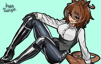 Rule 34 | 1girl, aggytachyon, agnes tachyon (umamusume), ahoge, animal ears, arm support, artist name, black boots, black gloves, black pants, black vest, blue background, boots, brown eyes, brown hair, commentary, english commentary, gloves, hair between eyes, hand on own knee, horse ears, horse girl, horse tail, knee boots, pants, shirt, short hair, solo, tail, umamusume, vest, white shirt