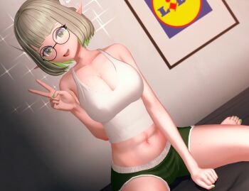 Rule 34 | 1girl, 3d, alfhilde, astraline, bed, breasts, breasts squeezed together, colored inner hair, feet, freckles, freckles on breasts, glasses, green eyes, green hair, green nails, green shorts, grey hair, large breasts, lidl, looking at viewer, multicolored hair, navel, on bed, pito-otip, pointy ears, shirt, short hair, shorts, sitting, smile, spamkaju, tank top, thick thighs, thighs, toes, v, virtual youtuber, white shirt