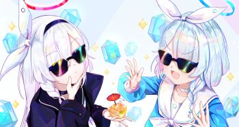 2girls ailushin arona_(blue_archive) blue_archive blue_hair blue_shirt bow_hairband braid choker colored_inner_hair commentary cup english_commentary hair_over_one_eye hairband halo hands_up highres holding holding_cup light_blush long_sleeves looking_at_another multicolored_hair multiple_girls neckerchief open_mouth parted_lips pink_hair plana_(blue_archive) pyroxene_(blue_archive) red_halo sailor_collar school_uniform shirt single_braid smile sunglasses upper_body white_choker white_hairband white_neckerchief