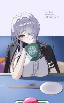 1girl absurdres artist_name black_jacket blue_eyes breasts brid_(nikke) brid_(silent_track)_(nikke) button_gap chest_harness chinese_commentary coffee_mug collared_shirt commentary_request couch cup dated earrings floating_earrings gloves goddess_of_victory:_nikke grey_hair hair_between_eyes hair_down hair_over_one_eye hand_on_own_cheek hand_on_own_face harness highres holding holding_cup jacket jacket_on_shoulders jewelry labbri large_breasts long_hair looking_at_viewer mug official_alternate_costume official_alternate_hairstyle parted_lips plate shadow shirt sideboob sideless_shirt sidelocks sitting sleeveless sleeveless_shirt solo steam upper_body white_shirt