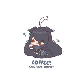 Rule 34 | 1girl, absurdres, ahoge, animal ears, black hair, blush, coffee mug, commentary, cup, decrilus, ear tag, earrings, english text, eyes visible through hair, hair over one eye, highres, holding, holding cup, horse ears, horse girl, jewelry, long hair, long sleeves, manhattan cafe (umamusume), motion lines, mug, open mouth, outstretched arms, shaking, simple background, single earring, sitting, solo, symbol-only commentary, umamusume, white background, yellow eyes