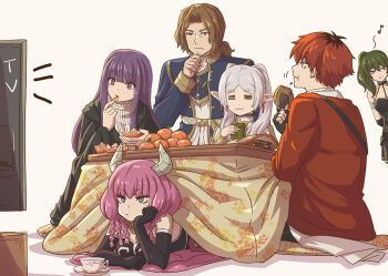 2boys 4girls aura_(sousou_no_frieren) blue_eyes blunt_bangs breasts brown_hair collarbone commentary_request demon_girl demon_horns earrings eating elbow_gloves elf fern_(sousou_no_frieren) food frieren fruit gloves green_eyes green_hair horns jewelry long_hair mandarin_orange medium_breasts medium_hair moai_(moai_world) multiple_boys multiple_girls musical_note open_mouth orange_hair pink_hair pointy_ears purple_eyes purple_hair sein_(sousou_no_frieren) short_hair sousou_no_frieren stark_(sousou_no_frieren) tea twintails ubel_(sousou_no_frieren) white_hair