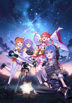 Rule 34 | 4girls, :d, :o, ahoge, ankle boots, arms up, ascot, asymmetrical legwear, backless kimono, bead bracelet, beads, bell, belt, beret, black choker, black footwear, black gloves, black shirt, black shorts, black thighhighs, black trim, blonde hair, blue ascot, blue belt, blue bow, blue bowtie, blue choker, blue eyes, blue hair, blue skirt, blue socks, blue trim, boots, bow, bowtie, bracelet, brooch, buttons, chef hat, choker, clothing cutout, cloud, collar, collared shirt, colored inner hair, crop top, crown, detached sleeves, double-breasted, double-parted bangs, earrings, feathers, frilled kimono, frilled skirt, frilled thigh strap, frills, gloves, glowing, gradient eyes, gradient hair, grass, green choker, green eyes, green hair, grey headwear, grey jacket, hair bell, hair between eyes, hair bow, hair flaps, hair ornament, hairclip, hakama, hakama short skirt, hakama skirt, hand on another's shoulder, hat, high heel boots, high heels, highres, hikosan, hip vent, hololive, hololive english, hololive indonesia, hoop earrings, hoshimachi suisei, hoshimachi suisei (1st costume), jacket, japanese clothes, jewelry, jumping, kimono, kneehighs, lace, lace-trimmed thighhighs, lace trim, layered skirt, leg up, light, light particles, long hair, long sleeves, looking up, mini chef hat, mini hat, miniskirt, moona hoshinova, moona hoshinova (1st costume), multicolored eyes, multicolored hair, multiple girls, multiple hats, nontraditional miko, off shoulder, official art, open mouth, orange hair, orange headwear, orange vest, partially fingerless gloves, pink bow, pink eyes, pink hair, pink trim, plaid clothes, plaid hat, plaid jacket, plaid skirt, pleated skirt, prism, purple eyes, purple hair, rainbow, red collar, red skirt, ribbed sleeves, sakura miko, sakura miko (1st costume), shirt, shoes, shooting star, short shorts, shorts, sideless kimono, sidelocks, single earring, single kneehigh, single sock, single thighhigh, sitting, skin tight, skirt, skirt set, sky, sleeve cuffs, sleeveless, sleeveless kimono, sleeveless shirt, smile, sneakers, socks, standing, standing on one leg, star (sky), star (symbol), star bracelet, star brooch, star choker, star earrings, star in eye, star trail, starry hair, starry sky, swept bangs, symbol in eye, tabi, takanashi kiara, takanashi kiara (1st costume), tassel, telescope, thigh boots, thigh strap, thighhighs, three-quarter sleeves, twilight, two-tone hair, uneven legwear, vest, virtual youtuber, waist bow, weiss schwarz, white jacket, white shirt, white skirt, white sleeves, white socks, white thighhighs, wide sleeves, wing collar, x hair ornament, yellow eyes, yokozuwari