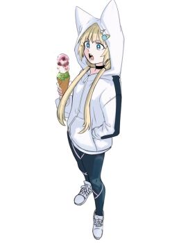 1girl animal_hood black_leggings blonde_hair commentary_request food food-themed_hair_ornament fox_girl fox_hood full_body hair_ornament hand_in_pocket holding holding_food holding_ice_cream_cone hood hoodie ice_cream_cone ice_cream_hair_ornament kemono_jihen kon_(kemono_jihen) leggings long_hair low_twintails mattun_8230 open_mouth shoes solo standing twintails white_background white_hoodie