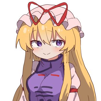 1girl blonde_hair blush commentary dress hair_between_eyes hat highres korean_commentary long_hair long_sleeves looking_at_viewer magg_(user_mtca8588) mob_cap purple_eyes purple_tabard smile solo tabard touhou upper_body white_background white_dress yakumo_yukari