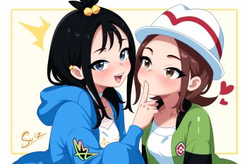 2girls :d artist_name black_hair blue_hoodie brown_eyes brown_hair choker choppy_bangs closed_mouth cube_hair_ornament finger_to_another&#039;s_mouth green_jacket hair_ornament harmony_(pokemon) hat heart highres hood hood_down hoodie index_finger_raised jacket lida_(pokemon) looking_at_another looking_at_viewer multiple_girls nintendo open_clothes open_jacket open_mouth pokemon pokemon_legends:_z-a shirt smile su1zide teeth upper_body upper_teeth_only white_choker white_hat white_shirt yuri