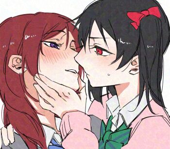 Rule 34 | 2girls, adversarial noise, black hair, bow, bowtie, collared shirt, commentary, green bow, green bowtie, hair bow, hand on another's shoulder, highres, long hair, love live!, love live! school idol project, medium hair, multiple girls, nishikino maki, otonokizaka school uniform, pink sweater, purple eyes, red bow, red eyes, red hair, school uniform, shirt, simple background, surfacedxxc, sweater, twintails, white background, white shirt, yazawa nico, yuri