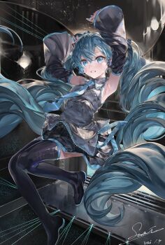 1girl absurdres aqua_eyes aqua_hair aqua_necktie armpits arms_up bare_shoulders black_boots black_skirt boots commentary dated detached_sleeves grey_shirt hatsune_miku highres laser long_hair miniskirt necktie parted_lips shirt signature skirt sleeveless sleeveless_shirt solo stage sumi_(mizuoisiiii) thigh_boots very_long_hair vocaloid