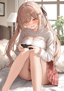 1girl bed blush brown_eyes brown_hair cleavage_cutout clothing_cutout commentary controller english_commentary eyes_visible_through_hair feet_out_of_frame game_controller hair_ornament hairclip highres holding holding_controller holding_game_controller imouto-chan_(monaka_curl) indoors lamp long_hair long_sleeves looking_at_viewer mixed-language_commentary monaka_curl on_bed original paid_reward_available pillow plaid_clothes plaid_skirt red_skirt shirt sitting skirt solo thighs white_shirt