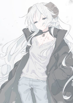 Rule 34 | 1girl, animal ears, blue eyes, breasts, brown horns, choker, cleavage, coat, collarbone, earrings, grey background, grey choker, grey coat, hair between eyes, half-closed eyes, hands in pockets, highres, horns, jewelry, kinutani yutaka, long hair, open clothes, open coat, orange pupils, original, parted lips, sheep ears, sheep girl, sheep horns, signature, snowing, solo, very long hair