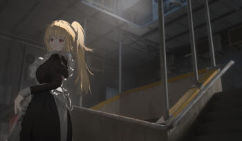 1girl absurdres apron arm_at_side black_dress blonde_hair chinese_commentary closed_mouth commentary_request cowboy_shot dress film_grain frilled_apron frills from_behind highres long_hair long_sleeves looking_at_viewer looking_back maid maid_apron negative_space original ponytail red_eyes scenery solo stairs standing user_dgha2728 white_apron