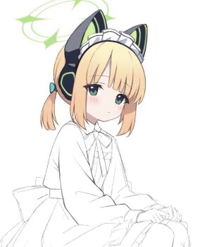 1girl animal_ear_headphones animal_ears apron back_bow blonde_hair blue_archive blush borrowed_clothes bow bowtie cat_ear_headphones cat_ears closed_mouth collared_dress commentary_request dress fake_animal_ears frilled_dress frills green_bow green_eyes green_halo hair_bow halo headphones long_sleeves looking_at_viewer maid maid_apron medium_hair midori_(blue_archive) midori_(maid)_(blue_archive) official_alternate_costume official_alternate_hairstyle parted_bangs partially_colored ponytail puffy_long_sleeves puffy_sleeves sidelocks simple_background sitting solo suiran_(suiran0111) unfinished white_background