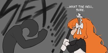 1boy 1girl apron black_dress black_eyes bow chibi dress english_text hair_bow hairband highres ishmael_(project_moon) limbus_company long_hair maid maid_apron maid_headdress orange_hair project_moon vammzu white_bow