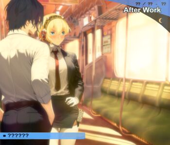 aged_up aigis_(persona) android black_jacket black_pants black_skirt blonde_hair blue_eyes blue_hair blush closed_mouth commentary dress_shirt english_commentary from_behind hair_between_eyes hairband hands_in_pockets hands_on_own_hips highres jacket long_sleeves looking_to_the_side miniskirt necktie office_lady pants pencil_skirt persona persona_3 raumaru red_necktie salaryman shirt shirt_tucked_in short_hair side_slit skirt suit_jacket train_interior user_interface white_shirt yuuki_makoto_(persona_3)