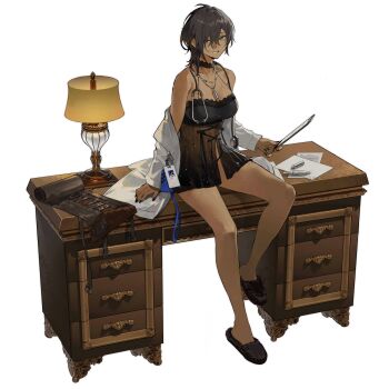 1girl babydoll bahao_diqiu black_choker black_hair black_nails black_panties black_ribbon breasts choker clipboard colt_walker_(girls'_frontline) colt_walker_(pillow_talk_with_maggie)_(girls'_frontline) dark-skinned_female dark_skin desk drawer earrings eyebrows_hidden_by_hair girls'_frontline green_eyes grin highres holding holding_clipboard id_card jewelry lab_coat lace lace_choker lace_trim lamp lanyard large_breasts looking_at_viewer medium_hair messy_hair necklace necklace_between_breasts official_alternate_costume official_art on_desk panties paper pen ribbon sitting slippers smile stethoscope stud_earrings sweat tools transparent_background tsurime underwear wooden_desk