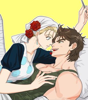 1boy 1girl bandages battle_tendency blonde_hair blue_eyes breasts brown_hair cherry dress earrings eye_contact food fruit gooonja hetero highres jewelry jojo_no_kimyou_na_bouken joseph_joestar joseph_joestar_(young) looking_at_another medium_breasts muscular muscular_male short_hair suzi_q