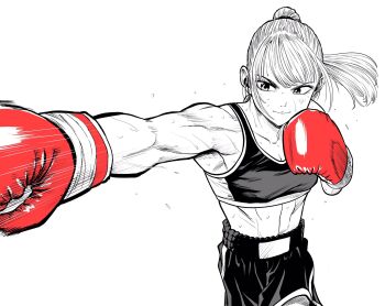1girl abs boxing boxing_gloves boxing_shorts breasts cleavage commentary_request cowboy_shot flying_sweatdrops gloves greyscale high_ponytail highres lee_(dragon_garou) linea_alba monochrome motion_lines original ponytail punching red_gloves serious shorts small_breasts solo sports_bra spot_color sweat toned toned_female v-shaped_eyebrows very_sweaty