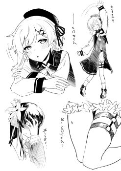 2girls absurdres arm_up beret covering_face crossed_arms dress flower greyscale hair_flower hair_ornament hand_on_own_face hashtag-only_commentary hat highres long_hair long_sleeves looking_at_viewer mahou_shoujo_no_majo_saiban monochrome multiple_girls multiple_views nikaido_hiro o-ring o-ring_thigh_strap open_mouth outstretched_arm sakuraba_ema shirt shoes short_hair simple_background smile socks sweatdrop thigh_strap translation_request white_background x_hair_ornament zhe_li_(jelly0006)