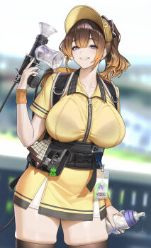 Rule 34 | 1girl, absurdres, baby bottle, backpack, bag, belt, blue eyes, blurry, blurry background, bottle, breast pump, breasts, brown hair, cellphone, commentary, english commentary, gradient hair, grin, hair ornament, hair scrunchie, highres, large breasts, looking at viewer, milking machine, miniskirt, multicolored hair, original, phone, ponytail, scrunchie, short ponytail, skirt, smartphone, smile, solo, thighhighs, uriko (baseball), veksoo, visor cap, zipper