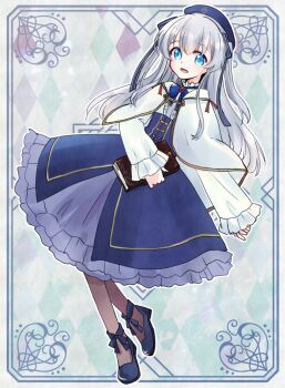 1girl blue_bow blue_bowtie blue_dress blue_eyes blue_hat blue_shoes book bow bowtie brown_pantyhose cape capelet celia_claire commentary_request dress frilled_dress frills gem grey_hair hat hat_ribbon holding holding_book layered_dress long_hair long_sidelocks pantyhose red_gemstone ribbon seirei_gensouki shoes sidelocks smile solo tonoca_m two_side_up very_long_hair very_long_sidelocks white_cape white_capelet
