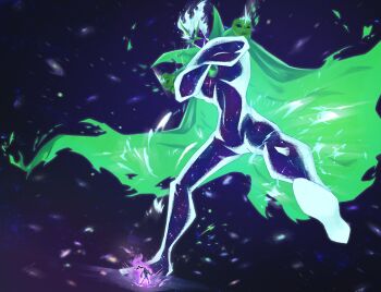 1boy alien alien_x_(ben_10) amonalyssr bellicus ben_10 ben_10:_omniverse cape character_request chou_tengen_toppa_gurren-lagann chou_tengen_toppa_gurren-lagann_(cosplay) cosplay crossed_arms crossover energy faceless galaxy glowing glowing_eyes green_cape green_eyes highres kamina_pose no_humans omnitrix pointing pointing_up serena_(ben_10) simon_shades space tengen_toppa_gurren_lagann tengen_toppa_gurren_lagann:_lagann-hen universe