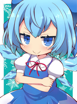 1girl blue_bow blue_dress blue_eyes blue_hair border bow chibi cirno closed_mouth commentary_request crossed_arms dress hair_bow ice ice_wings jitome looking_at_viewer muuba neck_ribbon pinafore_dress puffy_short_sleeves puffy_sleeves red_ribbon ribbon shirt short_hair short_sleeves sleeveless sleeveless_dress snowflake_background solo touhou upper_body white_shirt wings