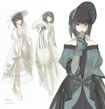 1girl absurdres black_eyes black_hair black_trim blue_ribbon bob_cut bonnet breasts capelet chinstrap closed_mouth copyright_name dress elbow_gloves fate/grand_order fate_(series) fingerless_gloves frilled_dress frills full_body gloves gothic_lolita green_bonnet green_dress hand_up hat high-low_dress highres kuonji_alice kuonji_alice_(second_ascension) kuonji_alice_(third_ascension) layered_dress lolita_fashion mahou_tsukai_no_yoru medium_dress multiple_views off-shoulder_dress off_shoulder puffy_short_sleeves puffy_sleeves ribbon see-through_capelet see-through_clothes see-through_gloves see-through_skirt_layer shoes short_sleeves simple_background small_breasts three-quarter_sleeves white_background white_dress white_hat white_shoes yuishironeko