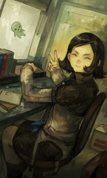 1girl absurdres alien amano_maya black_hair book box brown_hair closed_eyes demon_(megami_tensei) desk facing_viewer feet_out_of_frame grin highres kornod long_sleeves paper pen persona persona_2 short_hair skirt smile solo v window