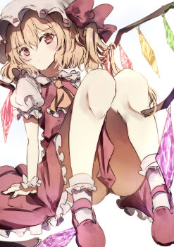 1girl ascot blonde_hair collared_shirt commentary_request crystal crystal_wings flandre_scarlet frilled_shirt_collar frilled_skirt frills hat highres looking_at_viewer mary_janes mob_cap multicolored_wings natsume_suzuri one_side_up puffy_short_sleeves puffy_sleeves red_eyes red_shoes red_skirt red_vest shirt shoes short_sleeves simple_background sitting skirt skirt_set socks solo touhou vest white_background white_hat white_shirt white_socks wings wrist_cuffs yellow_ascot