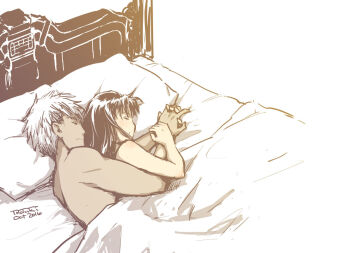 1boy 1girl afterglow archer_(fate) arm_around_back artist_name bad_id bad_pixiv_id bed bed_frame bed_sheet black_hair blanket closed_eyes dark-skinned_male dark_skin fate/stay_night fate_(series) hair_down hand_grab hetero holding_hands hug hug_from_behind interlocked_fingers locked_arms long_hair lying on_bed on_side pillow shared_blanket simple_background sleeping tohsaka_rin toyoyuki under_covers white_background white_hair