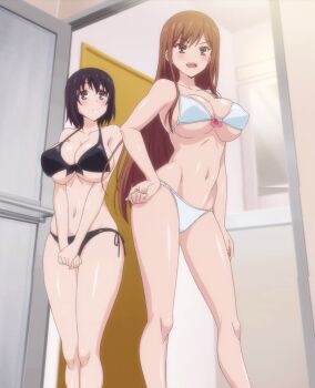 2girls anime_screenshot ayane_shirakawa bikini black_bikini black_hair blush breasts brown_eyes brown_hair bursting_breasts cleavage collarbone covered_erect_nipples curvy hand_on_own_hip highres kotone_shirakawa large_breasts long_hair multiple_girls navel overflow_(anime) short_hair siblings sidelocks sisters smile stitched stomach swimsuit third-party_edit underboob white_bikini wide_hips