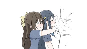 1boy 2girls absurdres bisexual_female black_hair brown_hair closed_mouth erection female_collaborator hetero highres hug hug_from_behind implied_bisexual love_live! love_live!_nijigasaki_high_school_idol_club multiple_girls osaka_shizuku shizuwonderland smelling smelling_penis smile yuki_setsuna