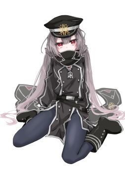 1girl black_boots black_hat black_jacket black_pantyhose boots duel_monster grey_hair hair_between_eyes hat highres jacket long_hair looking_at_viewer mizuhane_(mizuhane_miu) pantyhose red_eyes simple_background sitting sky_striker_ace_-_roze solo twintails very_long_hair wariza white_background yu-gi-oh!