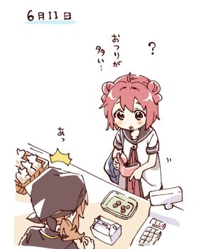 2girls :o ^^^ ahoge akaza_akari blush_stickers brown_hair brown_headscarf brown_sailor_collar cash_register character_request double-parted_bangs double_bun dress hair_bun hashtag-only_commentary headscarf highres holding holding_wallet money multiple_girls namori nanamori_school_uniform open_mouth pleated_dress purple_eyes red_dress red_hair sailor_collar school_uniform shirt short_hair short_sleeves simple_background summer_uniform translation_request upper_body wallet white_background white_shirt yuruyuri