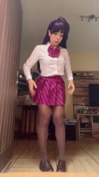 1girl animated ass brazilian_(nationality) breasts cosplay female_focus indoors komi-san_wa_komyushou_desu komi_shouko long_hair looking_at_viewer lowres nerokosplayer pantyhose photo_(medium) purple_hair real_life skirt small_breasts solo sound standing standing_on_one_leg tagme video