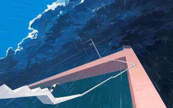 1other absurdres black_shorts cloud cloudy_sky dark_cloud day feitu233 from_below full_body highres mini_person original outdoors outstretched_arms rain scenery shirt shorts sky stairs standing storm surreal white_shirt