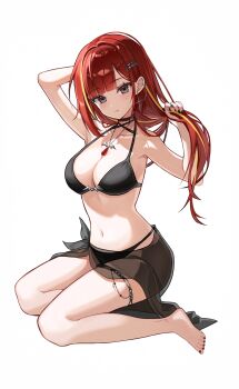 1girl akane_lize arm_up bikini black_bikini black_nails black_sarong breasts closed_mouth collarbone commentary_request ear_piercing full_body grey_hair hand_in_own_hair hand_up highres kneeling large_breasts looking_at_viewer mole mole_under_eye nail_polish nanna_(heyj2888) navel parted_bangs piercing red_hair sarong simple_background solo stellive stomach straight_hair swimsuit thigh_strap toenail_polish toenails virtual_youtuber white_background