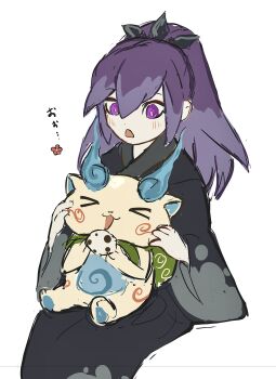 1girl ayu_3ays black_kimono highres hyakkihime japanese_clothes kimono komasan long_hair open_mouth purple_eyes purple_hair simple_background white_background white_fur youkai_(youkai_watch) youkai_watch