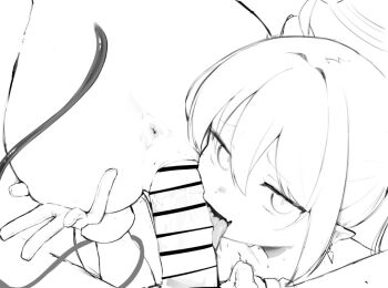 1boy 2girls anus bar_censor blue_archive censored demon_tail fang fellatio ffm_threesome gloves greyscale group_sex hair_between_eyes halo hikari_(blue_archive) licking licking_penis loli looking_at_viewer monochrome multiple_girls nozomi_(blue_archive) oral penis pointy_ears pussy sex sex_from_behind siblings skin_fang tail teriibol threesome twins unfinished vaginal