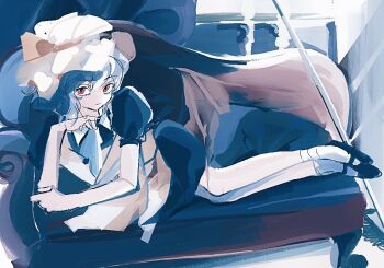 1girl 6osquet alternate_costume ascot bat_wings black_dress black_shoes blue_hair chaise_longue collared_dress couch dress expressionless full_body hair_between_eyes hat hat_ribbon head_tilt indoors layered_dress lying mary_janes medium_hair mob_cap moonlight night no_nose on_couch on_side pillow pinafore_dress puffy_short_sleeves puffy_sleeves red_eyes red_ribbon red_wings remilia_scarlet ribbon shoes short_sleeves sleeveless sleeveless_dress slit_pupils socks solo touhou wavy_hair white_dress white_hat white_socks wings