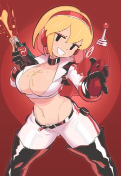 1girl belt black_eyes blonde_hair boots breasts choker cleavage collarbone commentary fallout female_pubic_hair gashi-gashi gloves gun hairband highres holding holding_gun holding_weapon large_breasts looking_at_viewer midriff navel original pubic_hair pubic_hair_peek red_background red_hairband short_hair simple_background smile solo symbol-only_commentary thigh_boots weapon