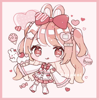 Rule 34 | 1girl, :q, animal ears, artist name, blush stickers, border, bow, bowtie, brown hair, candy, cherry, chibi, chibi only, closed mouth, commentary request, cupcake, dosukoi (nagihoko), food, fruit, full body, hair bow, heart, highres, holding, holding food, long hair, long sleeves, looking at viewer, original, pink border, pleated skirt, rabbit ears, rabbit girl, red bow, red bowtie, red eyes, red shoes, red skirt, school uniform, serafuku, shirt, shoes, skirt, sleeves past fingers, sleeves past wrists, smile, socks, solo, standing, symbol-shaped pupils, tongue, tongue out, two side up, white shirt, white socks, wrapped candy, x-shaped pupils