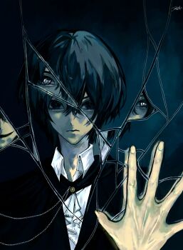 Rule 34 | 2boys, absurdres, against glass, black coat, black eyes, black hair, broken glass, coat, collared shirt, commentary, different reflection, english commentary, frills, glass, hand up, highres, kyta 5, looking at viewer, male focus, mordret (shadow slave), multiple boys, pov, pov hands, reflection, shadow slave, shirt, short hair, sunny (shadow slave), upper body, white shirt