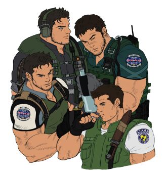 Rule 34 | 4boys, beard stubble, blue eyes, bottle, brown hair, bulletproof vest, chest harness, chris redfield, cigarette, closed eyes, commentary request, cropped torso, facial hair, fingerless gloves, gloves, green vest, harness, hereticanthemthed, highres, holding, holding bottle, holding cigarette, holding lighter, knife sheath, lighter, male focus, multiple boys, multiple persona, muscular, muscular male, resident evil, resident evil: revelations, resident evil: revelations 2, resident evil 1, resident evil 5, sheath, sheathed, shirt, short hair, simple background, stubble, tight clothes, tight shirt, time paradox, vest, white background