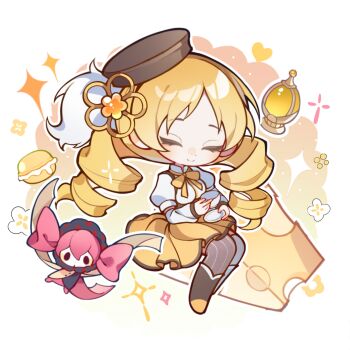Rule 34 | 1girl, beret, blonde hair, boots, bow, cheese, chibi, closed eyes, closed mouth, corset, cup, detached sleeves, drill hair, facing viewer, flower, food, full body, hair flower, hair ornament, happy, hat, heart, highres, holding, holding cup, holding food, knee boots, long sleeves, magical girl, maguaxiaoxingqiu, mahou shoujo madoka magica, neck ribbon, pleated skirt, puffy short sleeves, puffy sleeves, ribbon, saucer, shirt, short sleeves, sitting, skirt, smile, solo, soul gem, sparkle, striped clothes, striped thighhighs, tea, teacup, teapot, thighhighs, tomoe mami, twin drills, vertical-striped clothes, vertical-striped thighhighs, white background, white shirt, yellow ribbon, yellow skirt