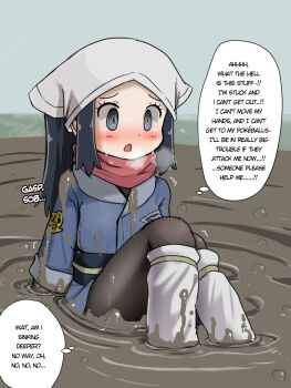 1girl @_@ akari_(pokemon) black_pantyhose blush breath bubble crying crying_with_eyes_open dirty galaxy_expedition_team_survey_corps_uniform hard-translated headscarf highres knees_up mud muddy nintendo open_mouth pantyhose peril pokemon pokemon_legends:_arceus quicksand red_scarf scared scarf sinking sitting solo speech_bubble stuck tawasiupa tears text_focus third-party_edit thought_bubble translated trembling white_headwear white_pantyhose