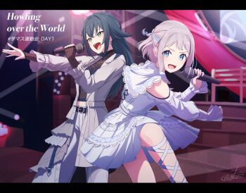2girls blue_eyes blue_ribbon blush braid clothing_cutout commentary_request dress earrings gakuen_idolmaster green_eyes green_hair grey_hair grey_jacket hair_flaps hair_ribbon hajime_(idolmaster) half_up_braid highres holding holding_microphone idolmaster jacket jewelry katsuragi_lilja letterboxed long_hair long_sleeves microphone multiple_girls music open_mouth ribbon ribbon_braid short_hair shoulder_cutout signature singing song_name stage tsukimura_temari white_dress yatoroku