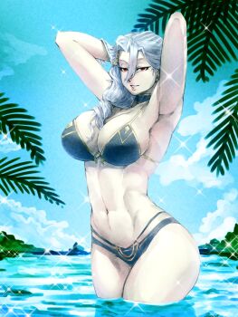 1girl armpits arms_behind_head arms_up bare_shoulders bikini black_bikini blue_sky breasts carmilla_(fate) carmilla_(swimsuit_rider)_(third_ascension)_(fate) choker cleavage commentary english_commentary fate/grand_order fate_(series) forehead grin highres large_breasts long_hair looking_at_viewer minew navel parted_bangs sky smile solo sparkle swimsuit thighs white_hair yellow_eyes