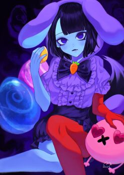 Rule 34 | 1girl, alternate costume, black hair, blue skin, blunt bangs, bob cut, bow, carrot, colored skin, drooling, egg, ena: dream bbq, ena (dream bbq), ena (series), ena (species), hangover ena, highres, hood, hoodie, jirai kei, looking at viewer, mezo (usagimarumei), multicolored skin, original, puffy short sleeves, puffy sleeves, rabbit, red skin, short sleeves, sitting, solo, tail, two-tone skin, usagimarumei
